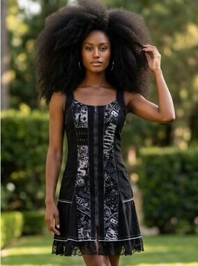 Miss Nikki Black & White Graphic Sleeveless Lace BoHo Avant-Garde Dress size S